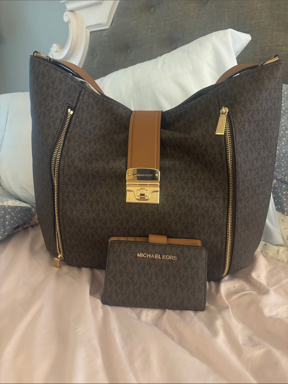 Michael Kors Brown Logo Shoulder Tote with Tan Trim and Gold Hardware